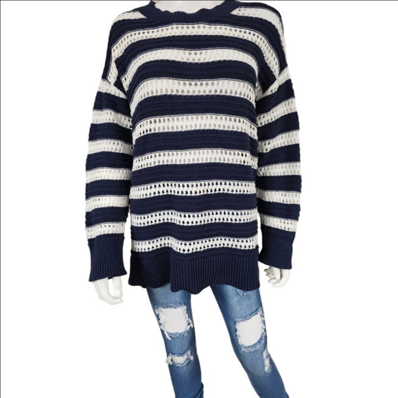 Ava & Viv Crew Neck Open Crochet Striped Long Sleeve Sweater Size 2X - Picture 2 of 11